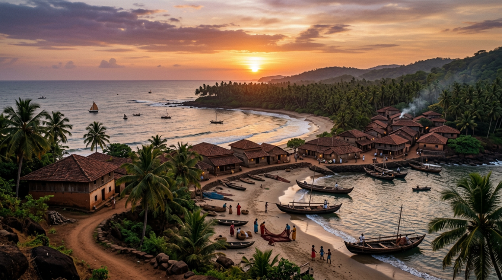 Coastal fishing village with wooden boats, fishermen, palm trees, and houses at sunset