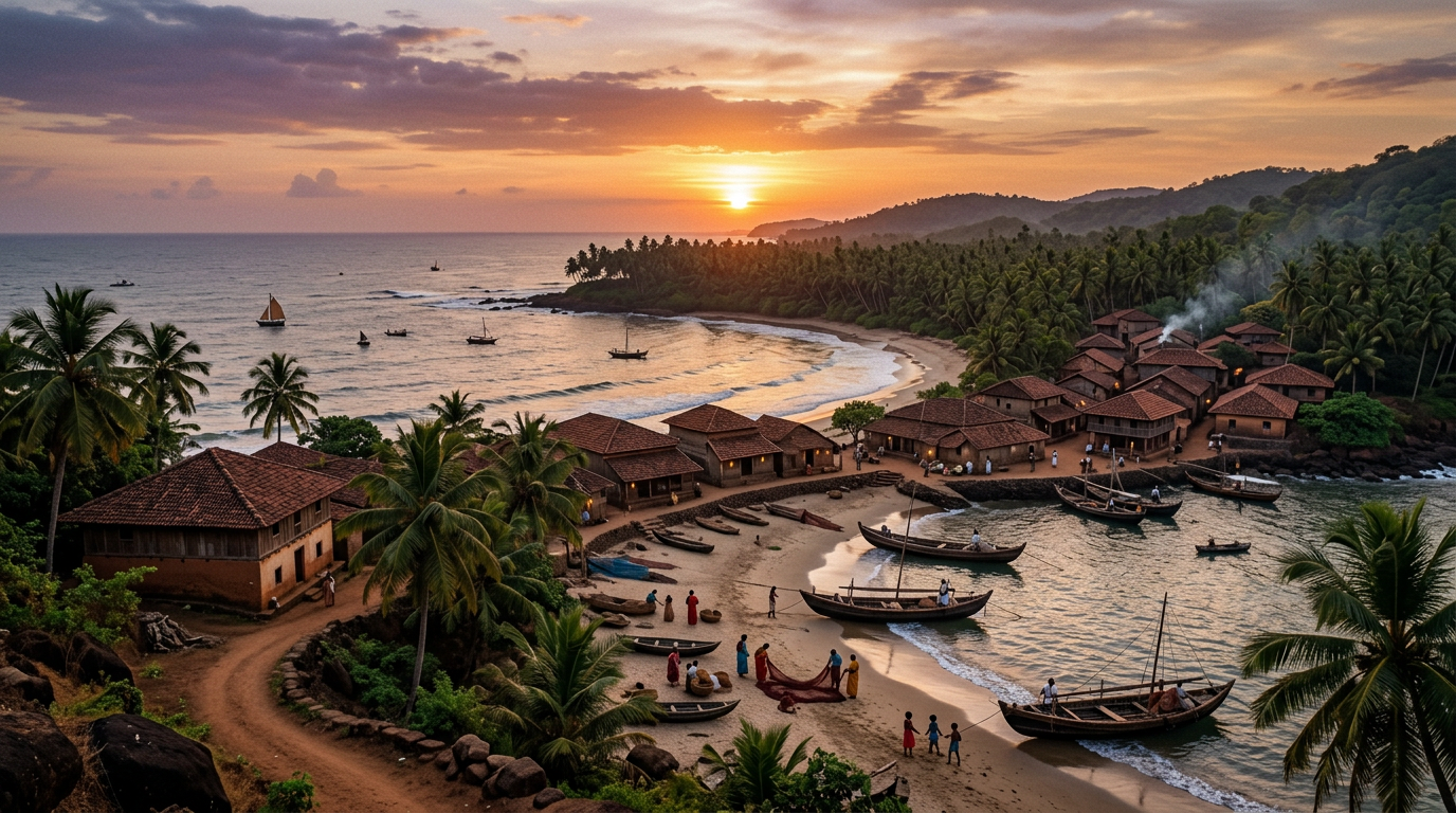 Coastal fishing village with wooden boats, fishermen, palm trees, and houses at sunset